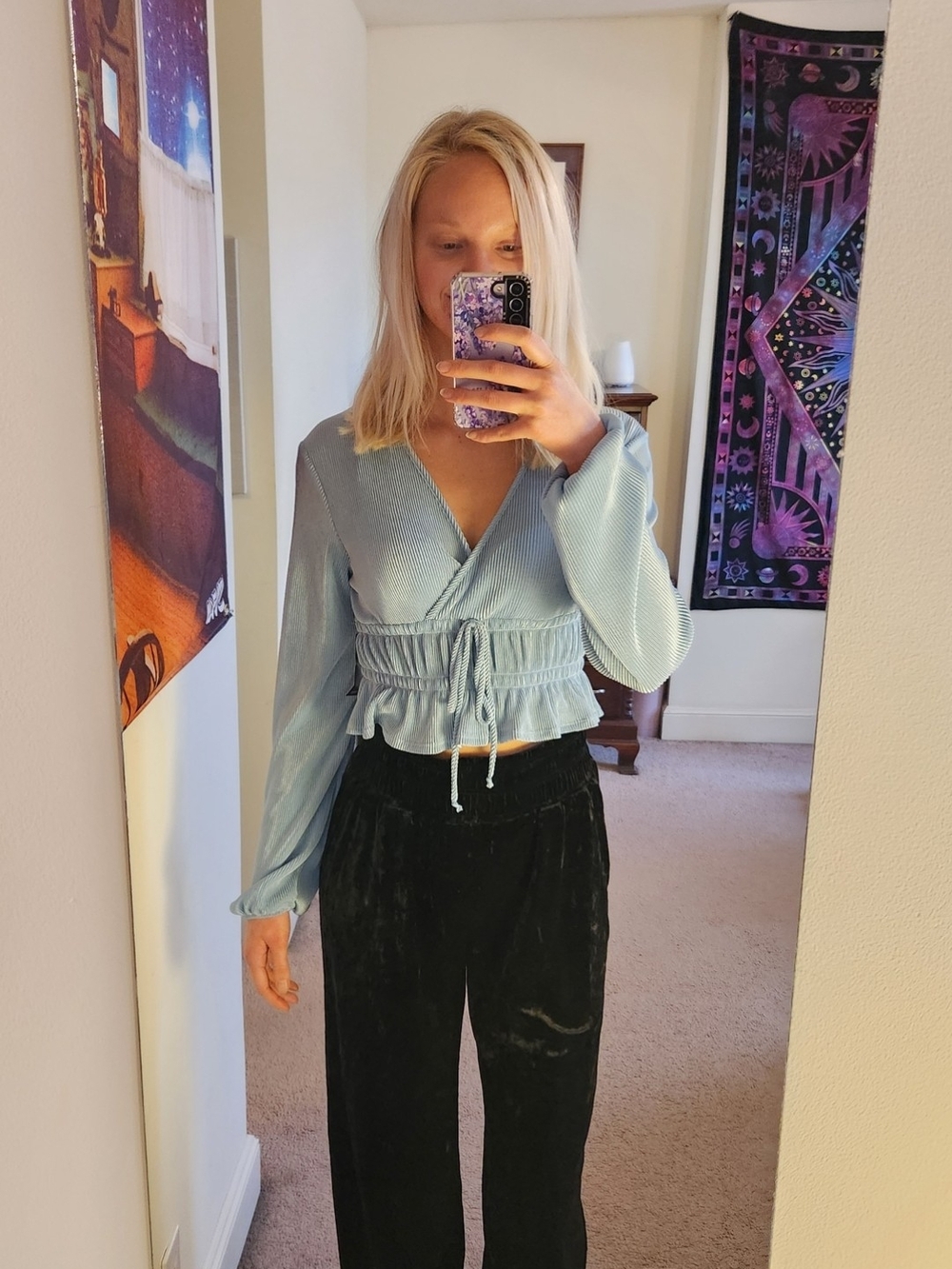 Light Blue Crop Top with Drawstring Ruffle Hem
